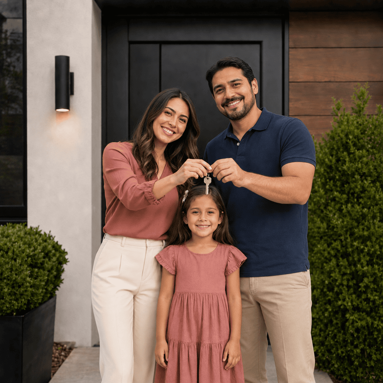 Familia frente a su nueva casa sosteniendo las llaves de la propiedad.