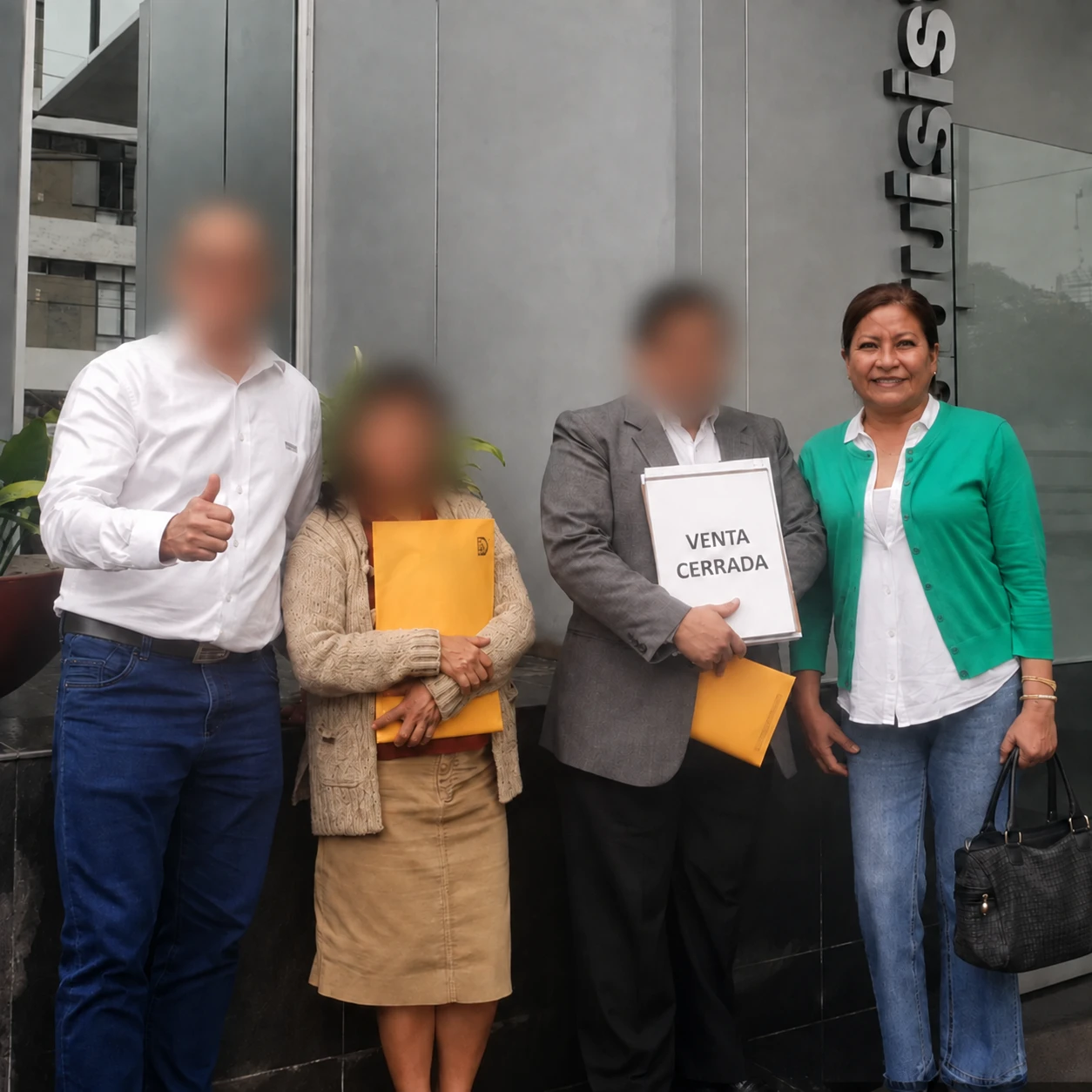 Martha con clientes después de una operación inmobiliaria en Pueblo Libre.